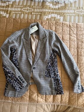 Plaid Blazer with Leopard Side Panels - Beige & Black
